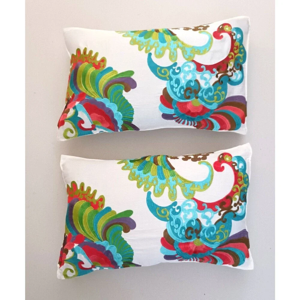 Trina Turk 20X12 Pillow Sham S/2 White Cotton Trellis Coral Abstract Embroidered